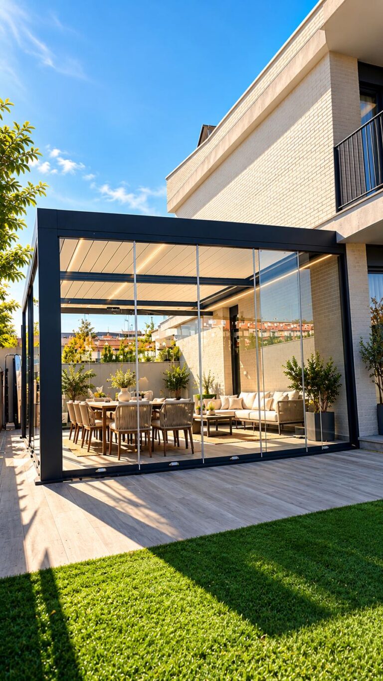 Pérgola bioclimática con lamas, iluminación LED y cerramiento de cristal