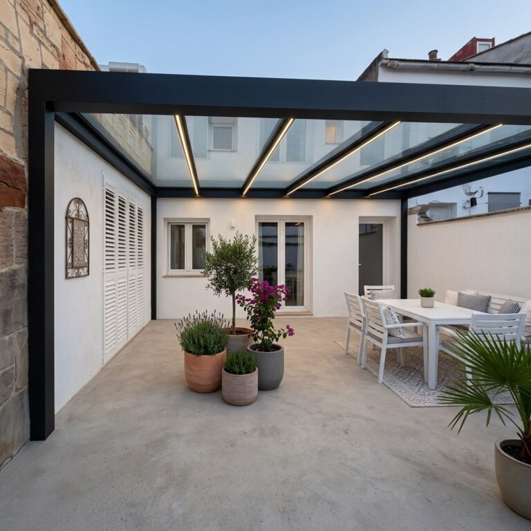 Techo fijo de cristal con estructura de aluminio en patio